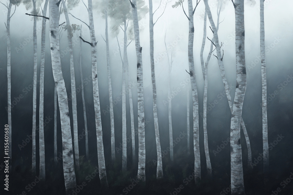 Poster a monochromatic forest of tall, thin trees in soft gray tones