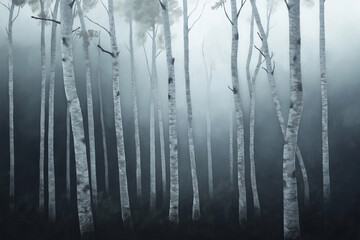 A monochromatic forest of tall, thin trees in soft gray tones