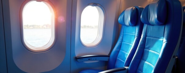A blue seat in the window of a commercial airliner, window side, airline seat