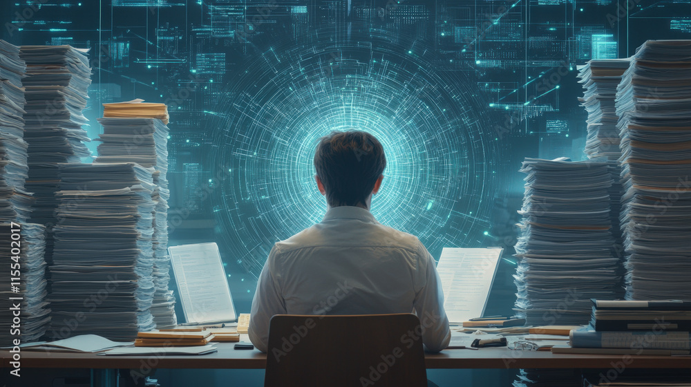 Aufkleber man at desk surrounded by endless paperwork, immersed in data visualization. boost productivity with