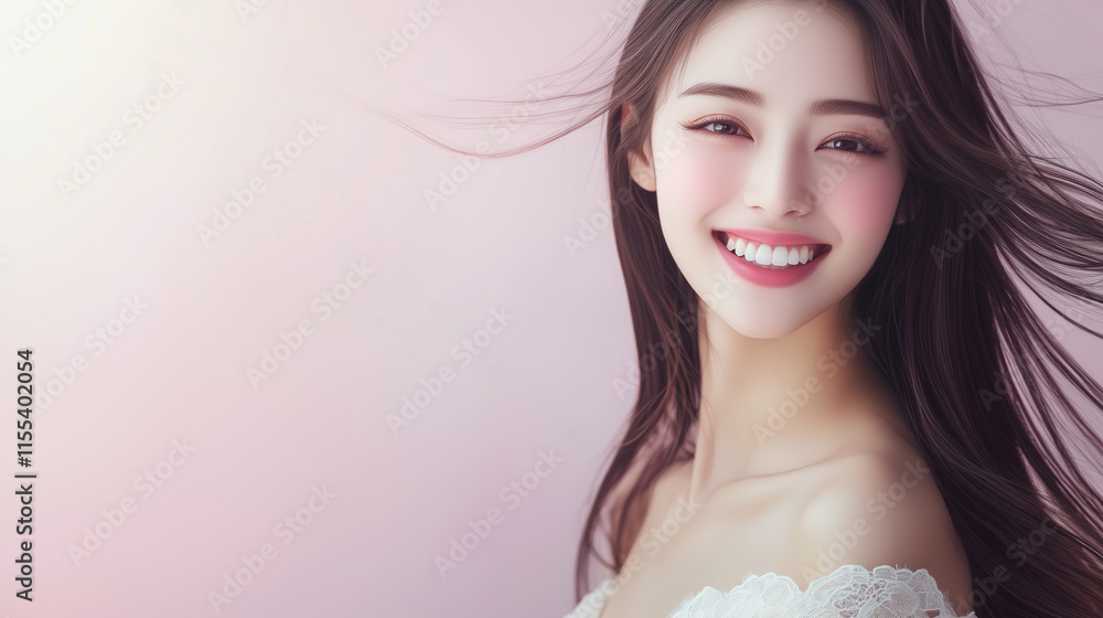 Aufkleber 笑顔のかわいいアジア人女性モデル。美しい髪が靡き、美しい肌が輝く美容ポートレート。