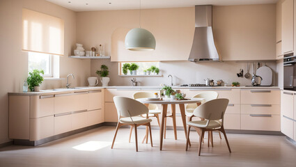 This is an illustration of a neutral-toned kitchen and dining area. It is light and airy with many smooth lines.