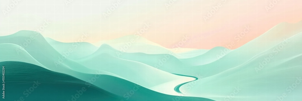 Aufkleber winding river flows through soft mountain range in a serene minimalist landscape suitable for text a