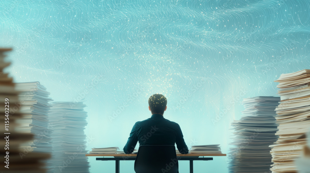 Poster person working at a desk surrounded by stacks of paperwork in a digital world, emphasizing productiv