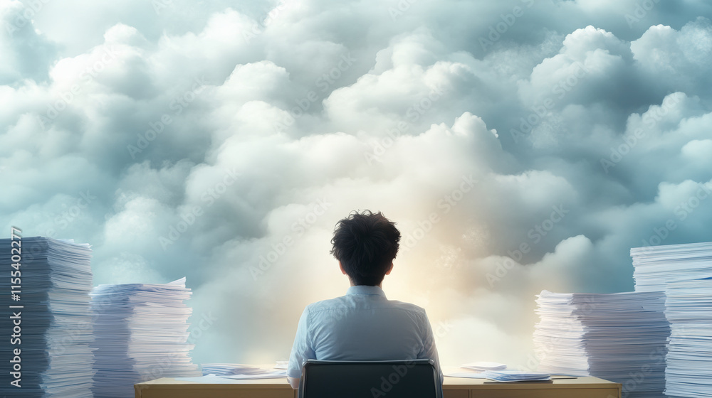 Poster man contemplates stacks of paperwork, surrounded by clouds. overwhelming work concept, cloud computi