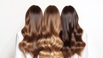 Fototapeta premium 3人の若い女性の後ろ姿で、美しい長い巻き髪にフォーカスした写真。ヘアケアのイメージ撮影。