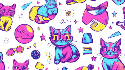 Colorful and Playful Cat and Accessories Pattern Design for Creative Projects and Backgrounds in Vibrant Neon Colors