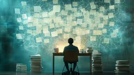 Explore innovative brainstorming techniques with a focused individual surrounded by countless ideas on a glowing board. Creativity unleashed.