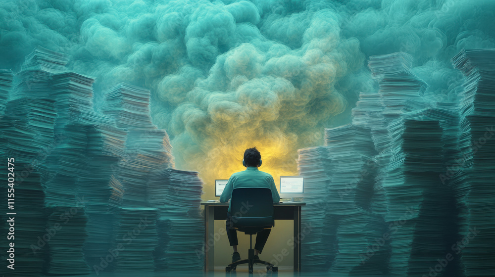 Poster person overwhelmed by paper stacks, working intensely in a dim office setting. boost productivity an
