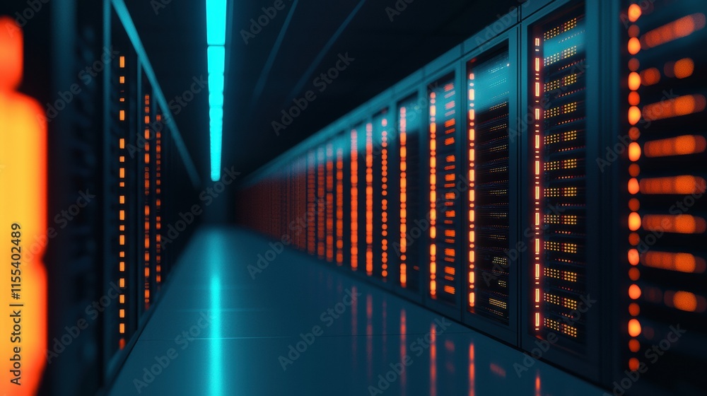 Poster Futuristic server room with flashing lights, representing data processing, big data, and cloud computing