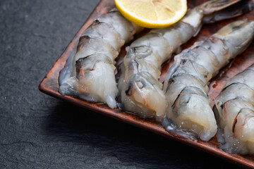Raw big tiger ( king ) shrimps Cleaned, Peeled & Deveined photography . Top view