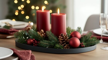 Festive Holiday Candle Centerpiece - Christmas, candles, evergreen, ornaments, winter; symbolizing warmth, celebration, tradition, serenity, and joy.
