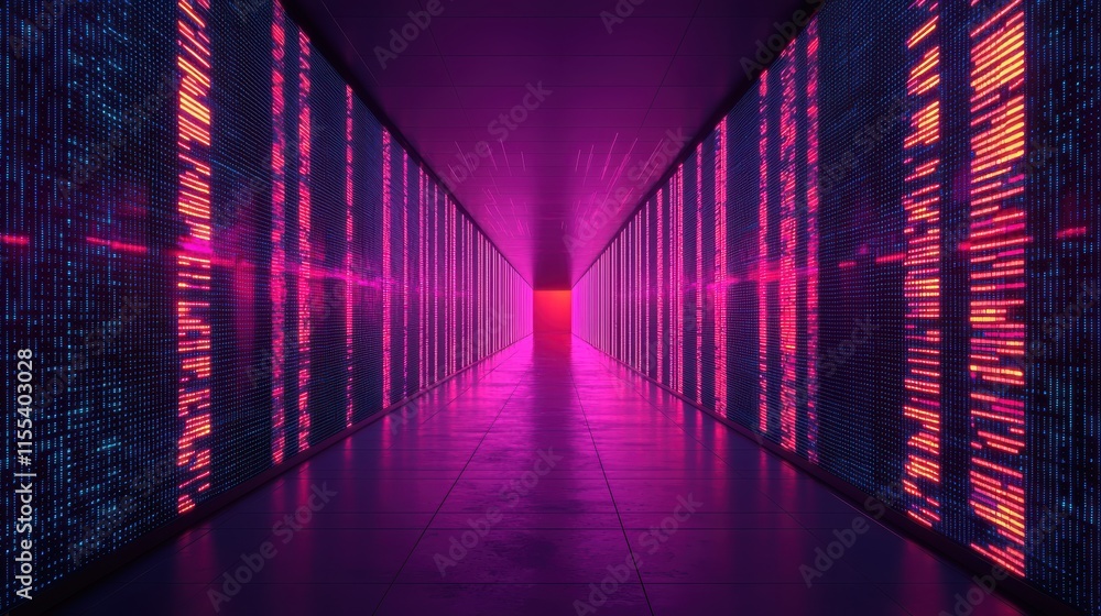 Poster Glowing lines of digital code illuminate a modern workspace corridor, creating a futuristic and technologically advanced atmosphere