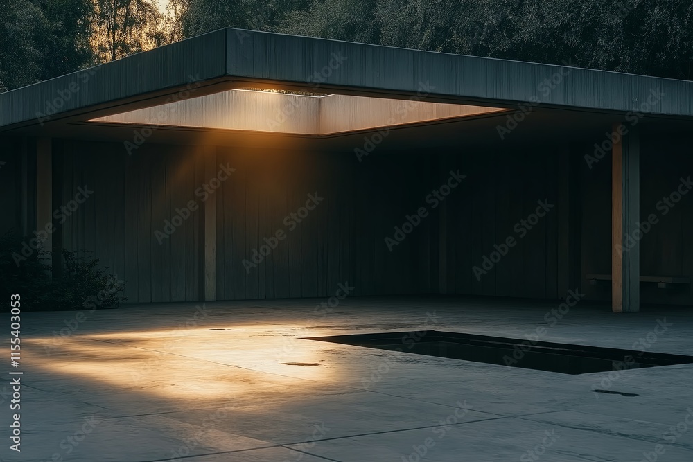 Poster a plain rooftop with a single skylight casting light on smooth concrete