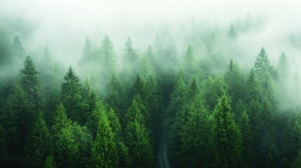 Fototapeta premium Misty morning in lush green forest with towering pine trees and gentle fog