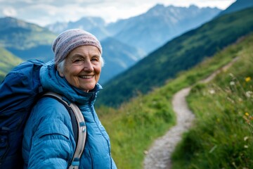 Naklejka premium A smiling woman wearing blue hiking gear is seen on a lush mountain trail, framed by green meadows and stunning peaks rising in the background under a blue sky.
