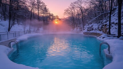 Winter hot spring pool at sunrise in a snowy forest.