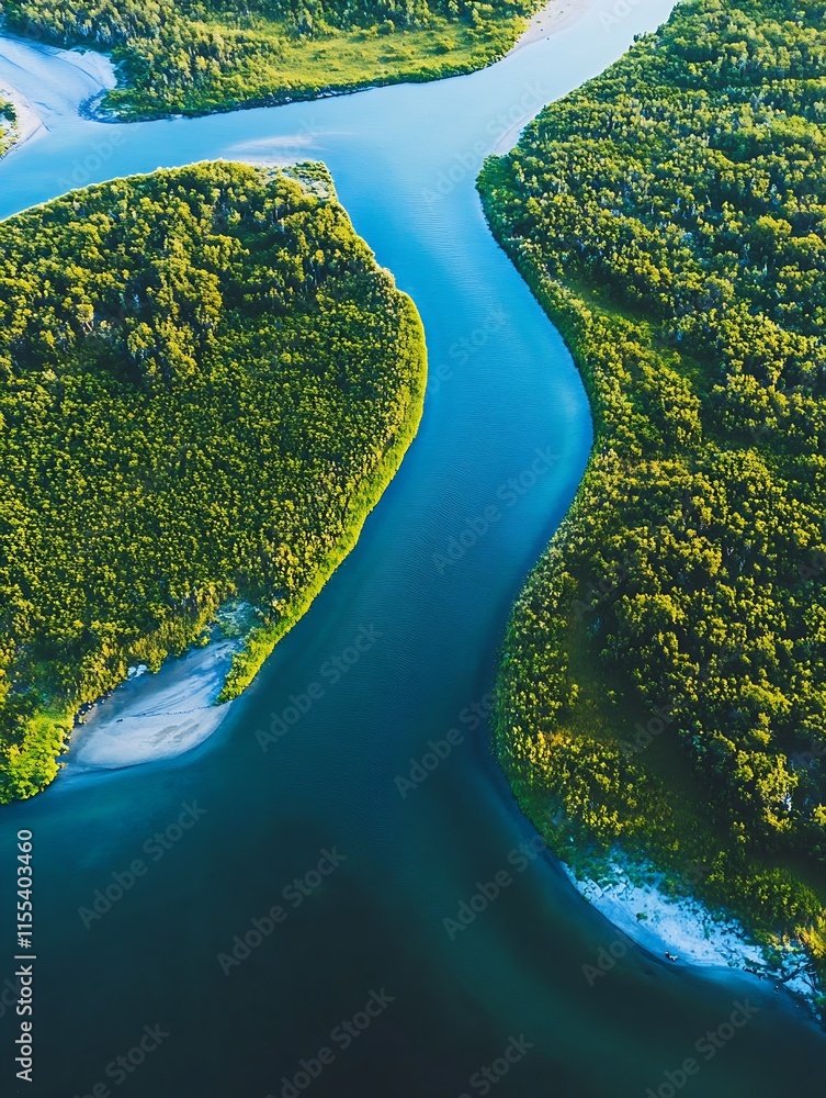 Poster Aerial View of a Serene River Flowing Through Verdant Forest : Generative AI