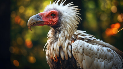 white-feathered vulture with a red face and sharp beak, captured against a blurred, warm forest background, highlighting its unique majesty