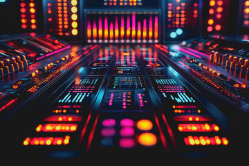 Obraz premium Vibrant and Innovative Sound Board with a Futuristic Design Showcasing a Multitude of Colorful Controls and Lights Creating an Energetic and Engaging Atmosphere for Music Production