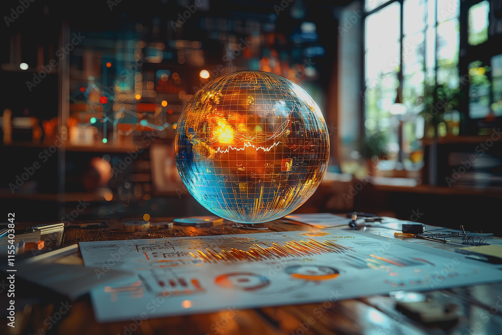 Poster a sophisticated workspace featuring a globe on a table alongside a modern laptop and a stylish pen c