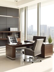 Modern Corporate Office with Elegant Furniture and Panoramic City View : Generative AI