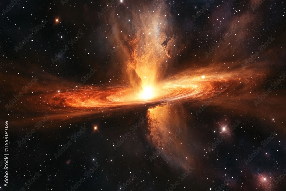 Poster a dazzling galactic formation features an intricate swirling, luminous vortex at its core, highlight