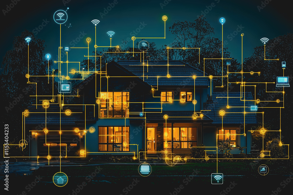 Poster illuminated house at night surrounded by a beautiful array of connected lights creating a warm and i