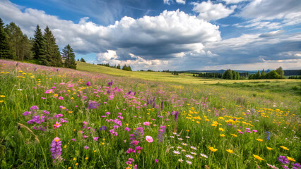 A lush meadow with wildflowers in bloom