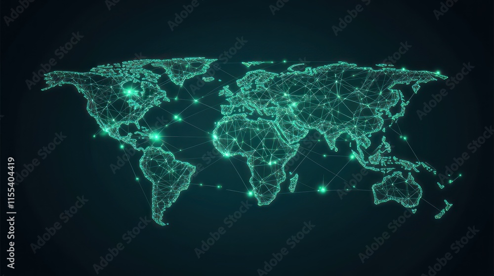 Poster global network map, world map with glowing connections.