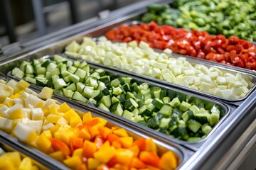 Diced vegetables such as zucchini, bell peppers, and tomatoes are meticulously organized in trays, emphasizing cleanliness and organization in food preparation and packaging.