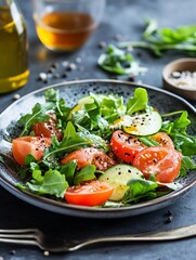 Fresh Summer Arugula Salad with Tomatoes Cucumbers and Black Sesame on Rustic Plate : Generative AI