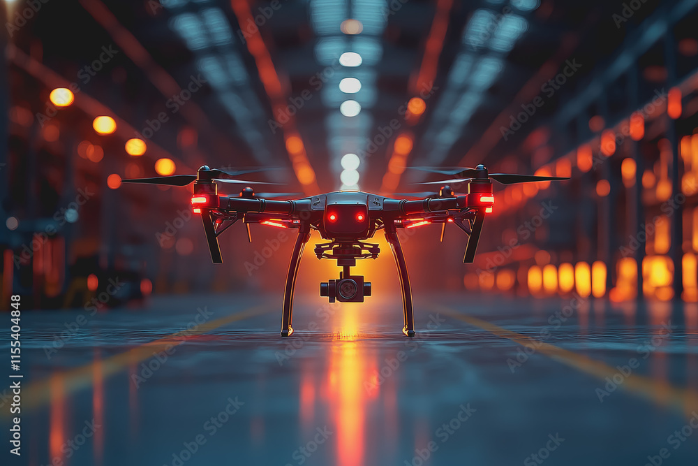 Poster a drone hovering in a dimly lit room surrounded by glowing lights creating a mysterious and futurist