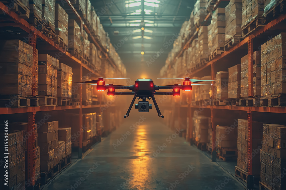 Aufkleber aerial view of modern warehouse surrounded by stacks of boxes and packages with a drone capturing th