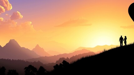 Fototapeta premium Romantic Couple Enjoying Scenic Hot Air Balloon Ride at Sunset in Beautiful Landscape