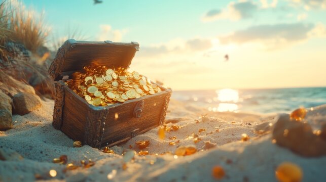 A treasure chest filled with gold coins gleams under the sun. It rests on a sandy beach. Discover adventures and stories waiting to be told. Generative AI