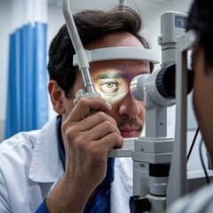 Close-Up of a Doctor Using an Ophthalmoscope to Examine a Patient’s Eye, Highlighting the Light Beam from the Tool and the Intensity of the Doctor’s Attention, Demonstrating Medical Precision