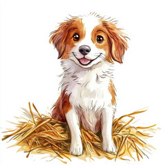 Fototapeta premium Cute cartoon dog sitting on a straw bed, showcasing an adorable happy expression with fluffy fur and cheerful demeanor, perfect for pet lovers and illustrations