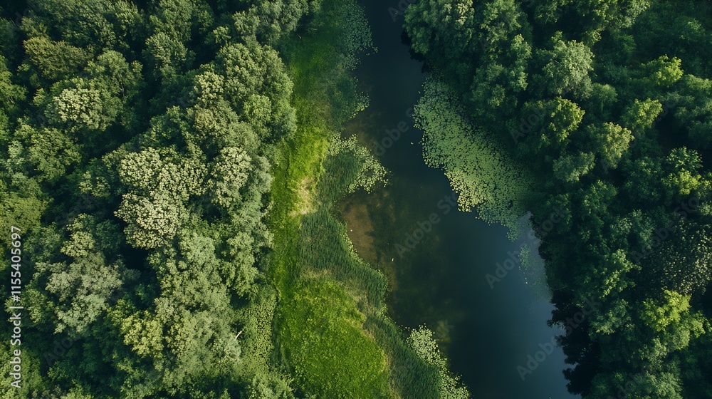 Poster Aerial View of Verdant Forest and Serene River Creating a Stunning Natural Landscape : Generative AI