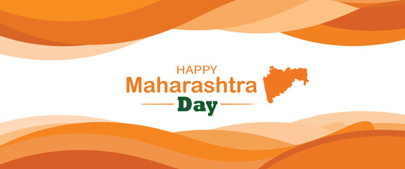 Obraz premium A Happy Maharashtra Day design featuring bold text with the state outline of Maharashtra in orange, set against a modern and minimalistic orange-white background