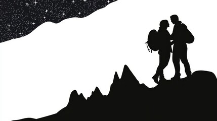 Romantic Couple Embracing Under a Starry Sky on a Majestic Mountain Range