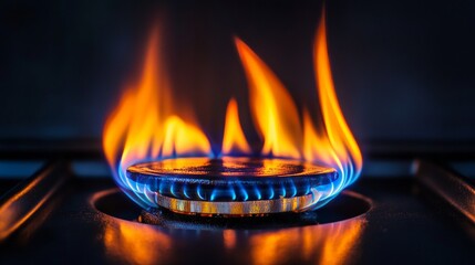 close-up of blue gas flames flickering on a sleek stovetop, adding warmth to the kitchen