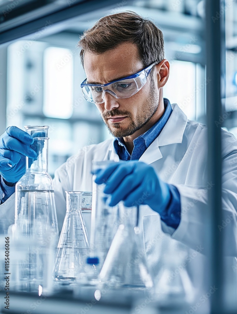 Aufkleber a scientist conducts experiments in a laboratory using glassware and protective equipment.