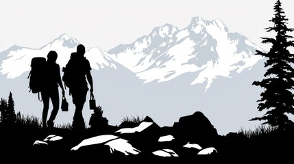 Couple Hiking on Rocky Terrain with Mountain Backdrop in Adventure Scene