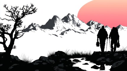Adventurous Couple Hiking Across Rocky Terrain Under Sunset in Mountain Landscape