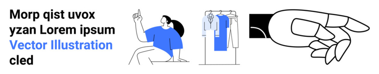 Woman sketching fashion designs, clothing on a rack, and close-up of a hand gesture in blue and white color. Ideal for fashion, design process, creativity, art, apparel, branding and modern
