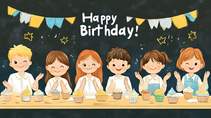 Happy birthday kids with cupcakes.