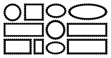 Zig zag edge circle, oval, rectangle, shape collection. Zigzag border. Jagged rectangle. Isolated elements for design of text box, badge, banner.