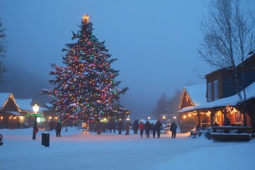 A grand Christmas tree, magnificently decorated with festive lights and ornaments, stands tall...