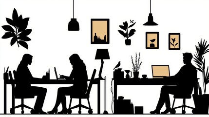 Fototapeta premium Modern Home Office Space with Couple Working Together in Minimalist 2D Illustration